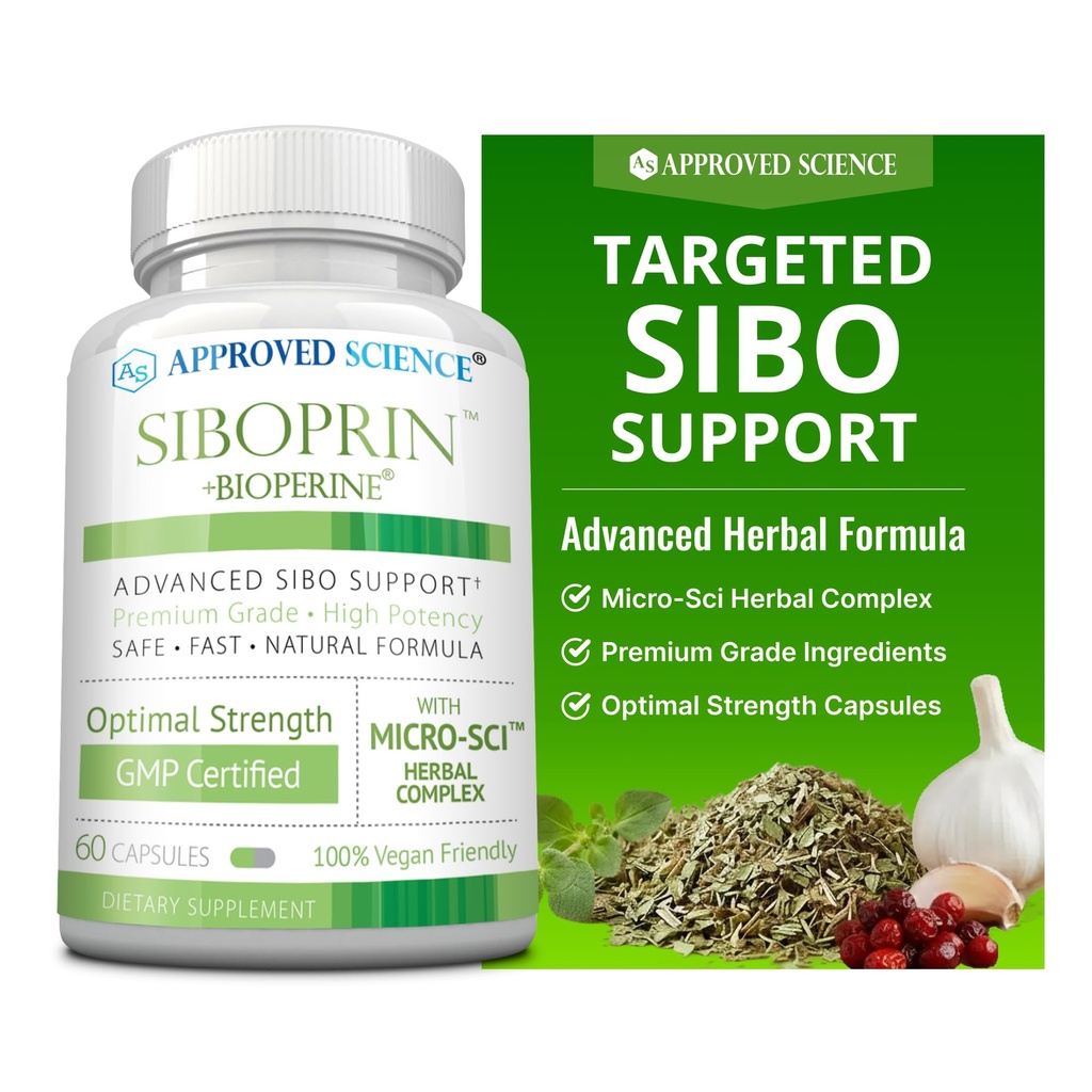 Schválená veda Siboprin - 60 Kapsule - Podpora Gut Balance, Soothe Intestinálna podráždenie, Pomoc s kŕdľami a ohýbanie - Kyselina kaprylová, Barberry, Oregano - Vegan