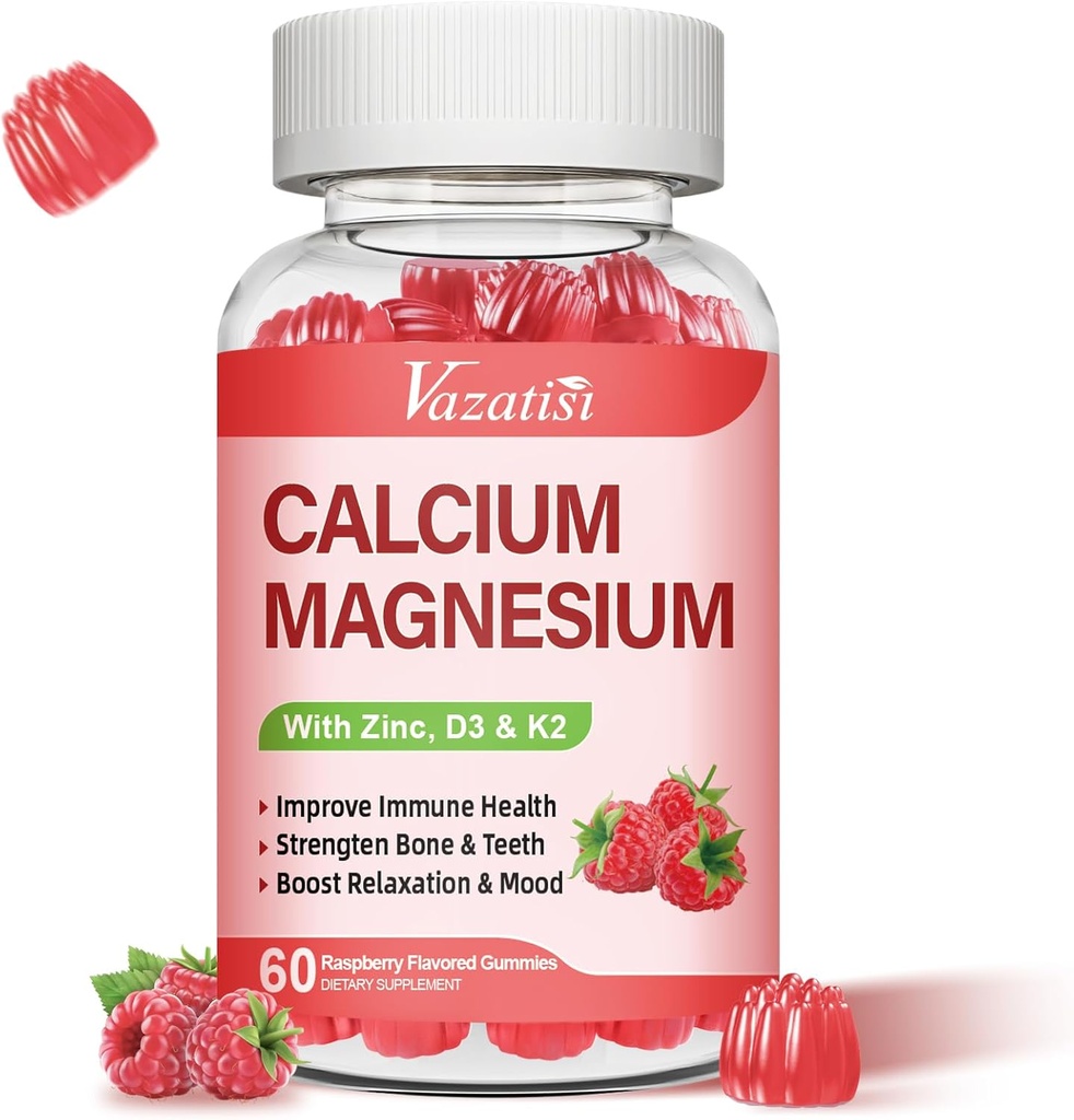 Kalcium Magnézium Zinok Gumies s vitamínom D3 & K2, vysoká absorpcia Magnézium Glycinát Draslík pre imunitné a pokojné náladu, malinová príchuť 60 Gumies