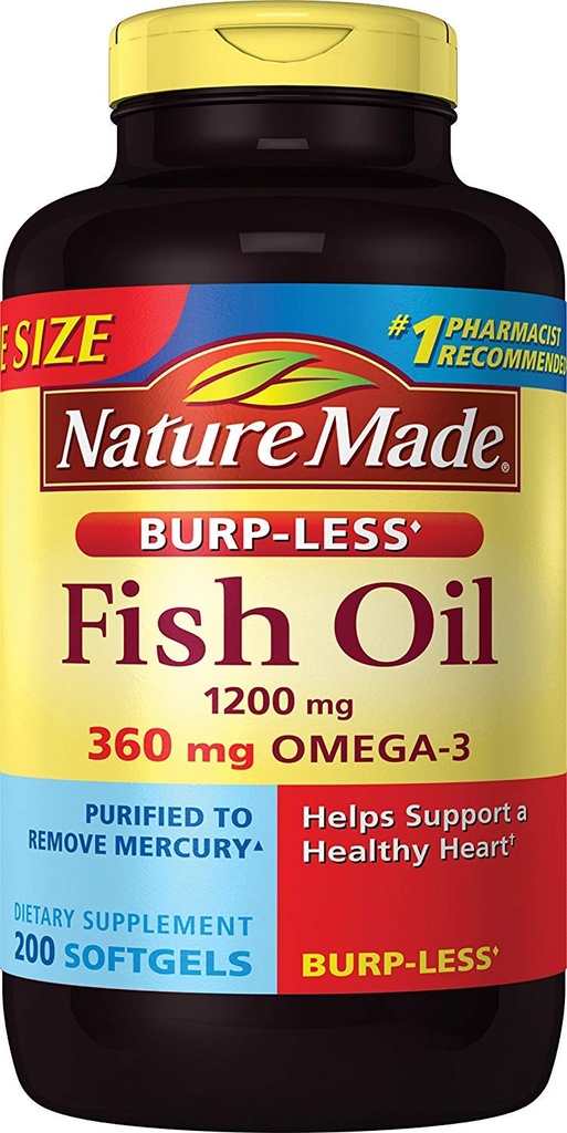 Burp-Less Fish Oil 1200 mg, 200 Softgels, Fish Oil Omega 3 doplnok pre zdravie srdca