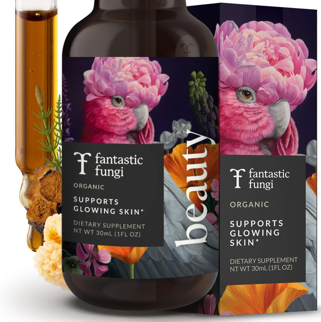 Fantastický Fungi Krása Elixír s extraktom Tremella Mushrom, Chaga Mushrom Extract, Horsetail & Acerola - Organické kvapky pre zdravé vlasy, pleť a nechty - Formulované v USA - 30 Servings, 1 fl oz