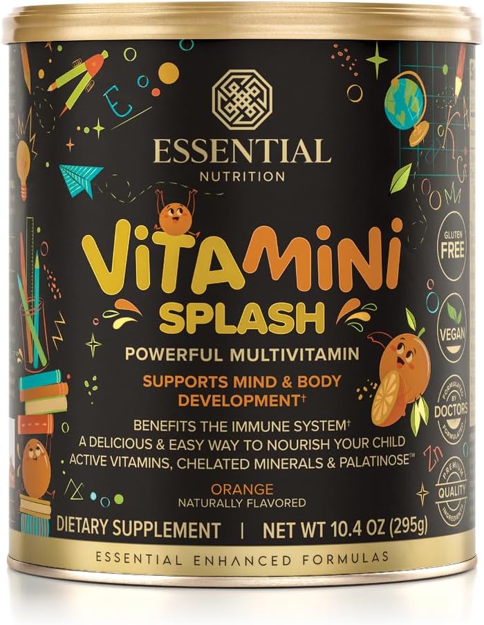 Essential Nutrition Vitamini Splash - Detský multivitamínový prášok - Nutritional Support - 13 aktívnych vitamínov & 6 súvisiacich minerálov, prebiotických vlákien - Orange Flavor - (10,4 oz) - Vegan