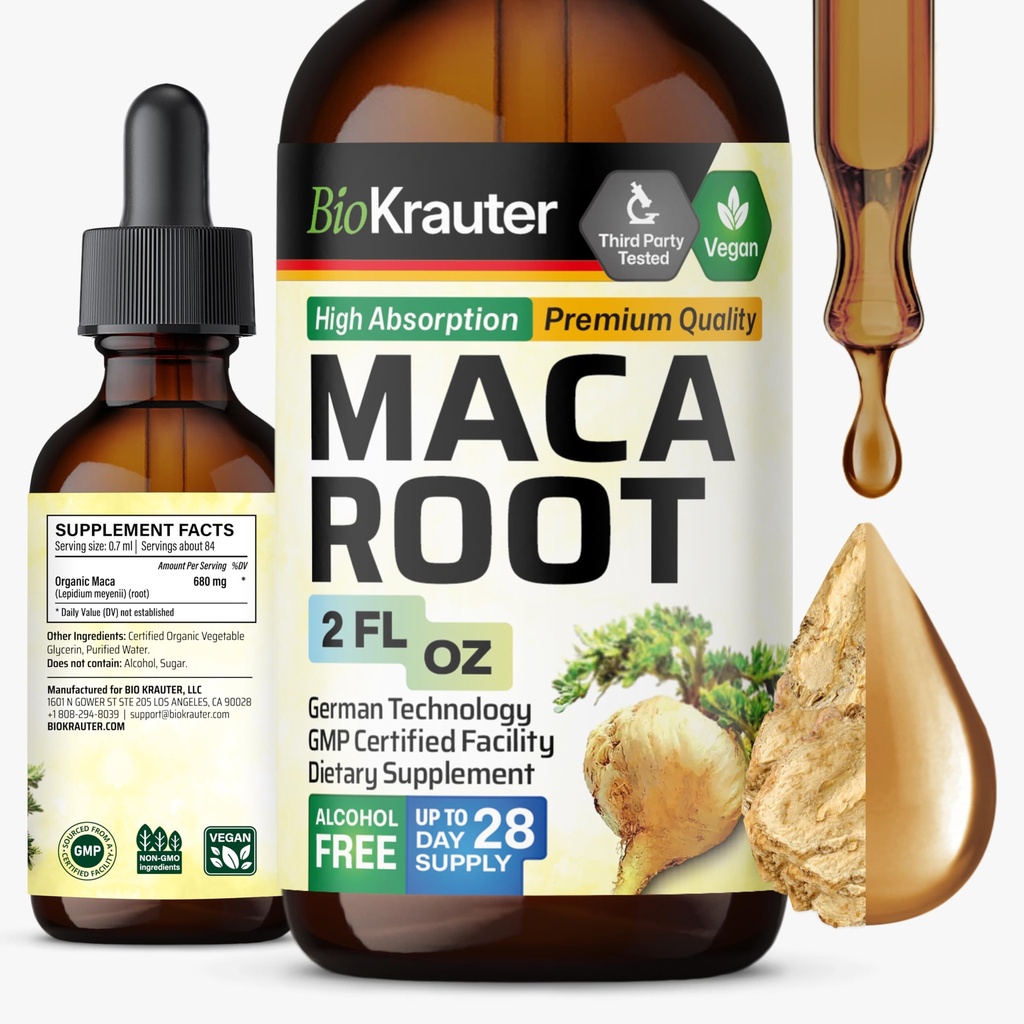 BIO KRAUTER Maca Root Tekuté kvapky - Maca Root Tincture - Vegán, cukor a alkohol bez extraktu 2 Fl.Oz.