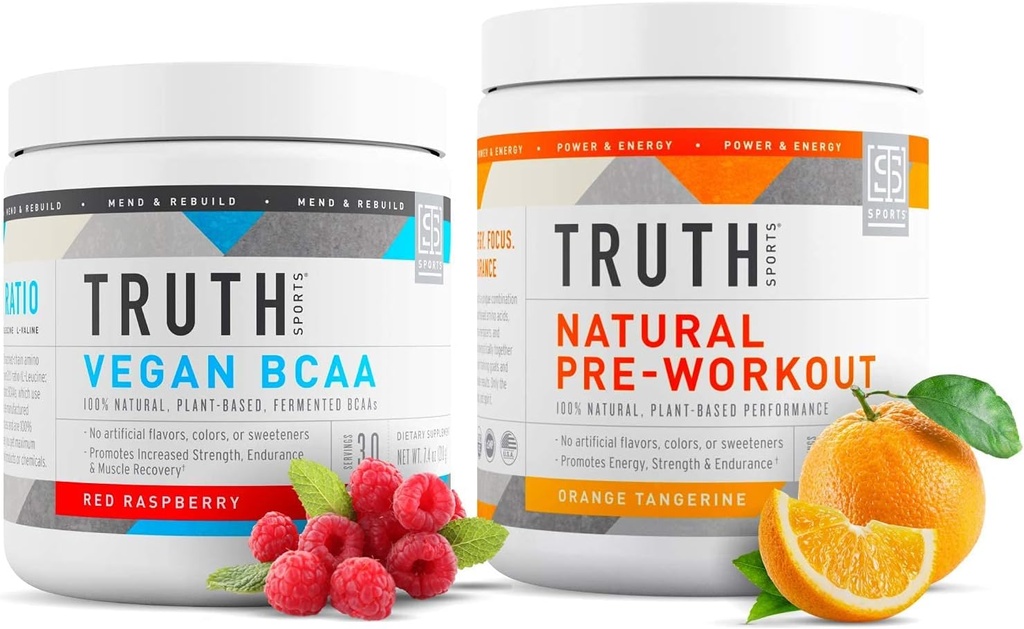 Truth Nutrition Natural Athlete Cvičenie Stack - Natural Preworkout (Orange Tangerine) + Vegan BCAA (Červená Malina)