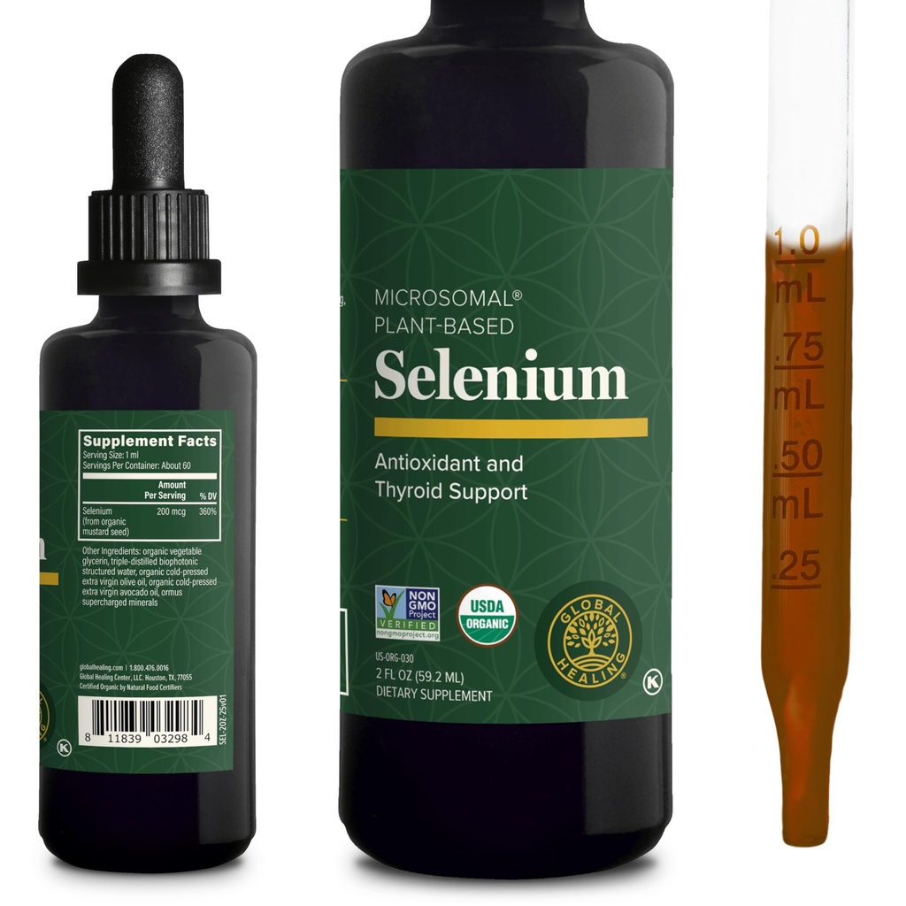 Global Healing Center - Selenium 200mcg, Selenium Supplement Drops with Organic Ingredients, Antioxidanty pre štítnu žľazu a imunitnú podporu, non-GMO & Gluten-free, pre mužov a ženy - 2 Fl Oz