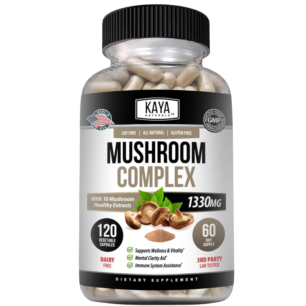 Kaya Naturals Premium Mushroom Complex Potent - Mushroom Supplement - Mushroom Complex Kapsule 1995mg Per Serving - Aids Mental Clarity Supports Immune System, Wellness & Vitality - 120 Count