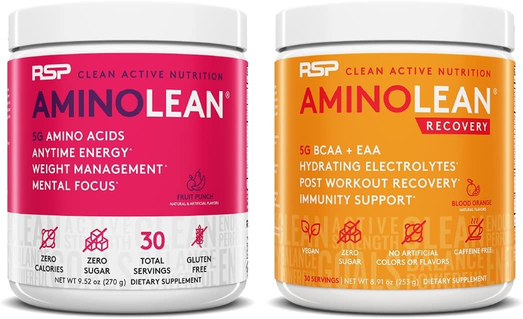 RSP NUTRITION AminoLean Pre Workout Energy (Fruit Punch 30 Servings) with AminoLean Recovery Post Workout Boost (Blood Orange 30 Servings)