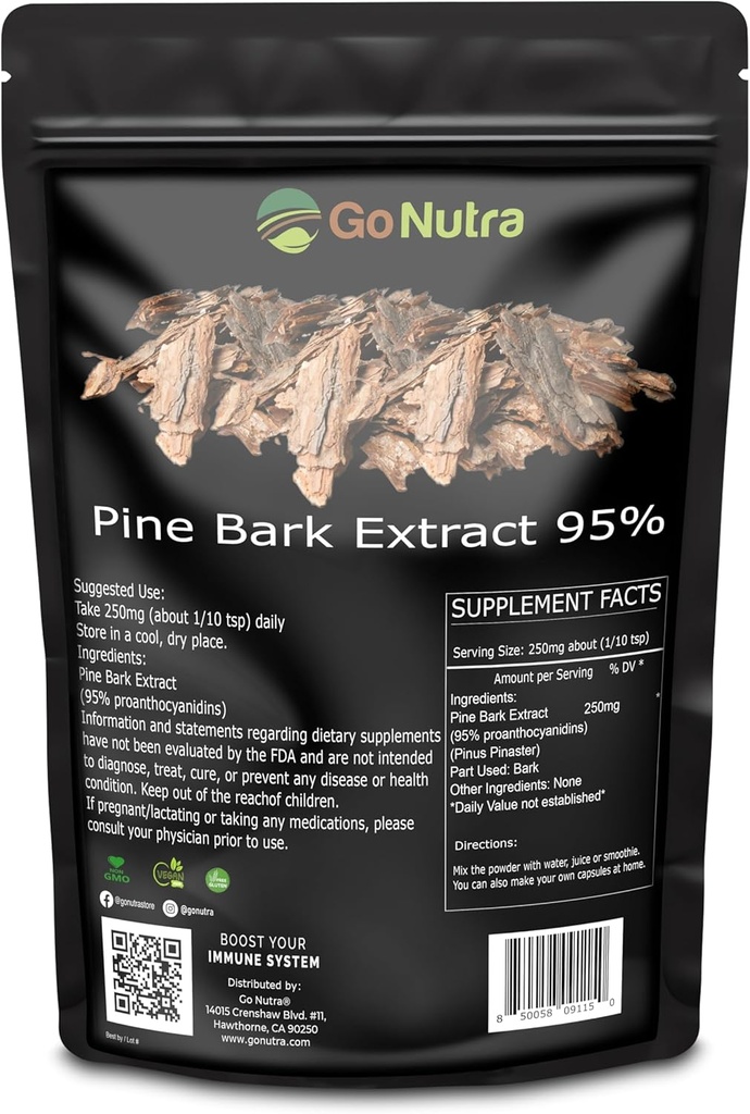 Go Nutra Pine Bark Extract Powder Štandardizovaný 95% Proanthokyanidíny Pine Bark Powder Potent Supplement 8oz. Pure Non-GMO Vegan