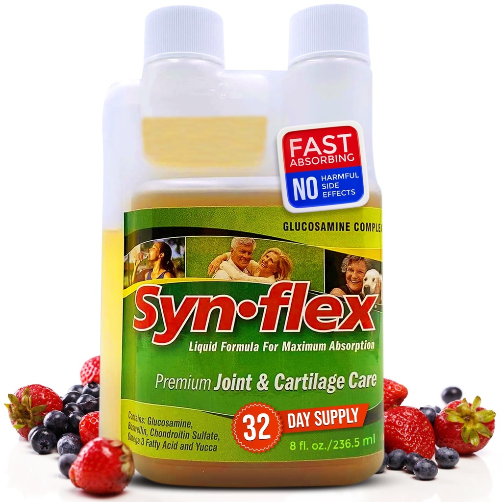 Synflexné tekuté Glukozamín Pôvodná formula - Chondroitín, vitamíny, minerály - Doplnky k nápoju pre mužov a ženy, pomáha podporovať Spoločné a Kartilage zdravie - Berry Flavor, 32 Day Supply