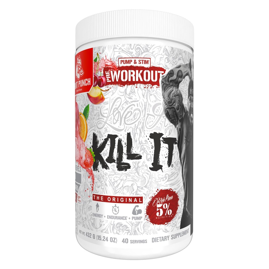 5% Nutrition Rich Piana Kill It Pre Workout Powder w/Creatine, Caffeine, Beta Alanine, Hydroprime Glycerol pre Pumpa, Sila, Vytrvalosť 20/40 Srvgs (40 Servings, Fruit Punch)