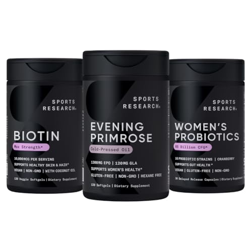 Športový výskum večerné Primrose doplnok z Cold Pressed Oil, Vegan Biotin 10 000mcg s kokosovým olejom a dámske probiotiká s prebiotikami, 65 miliárd CFU