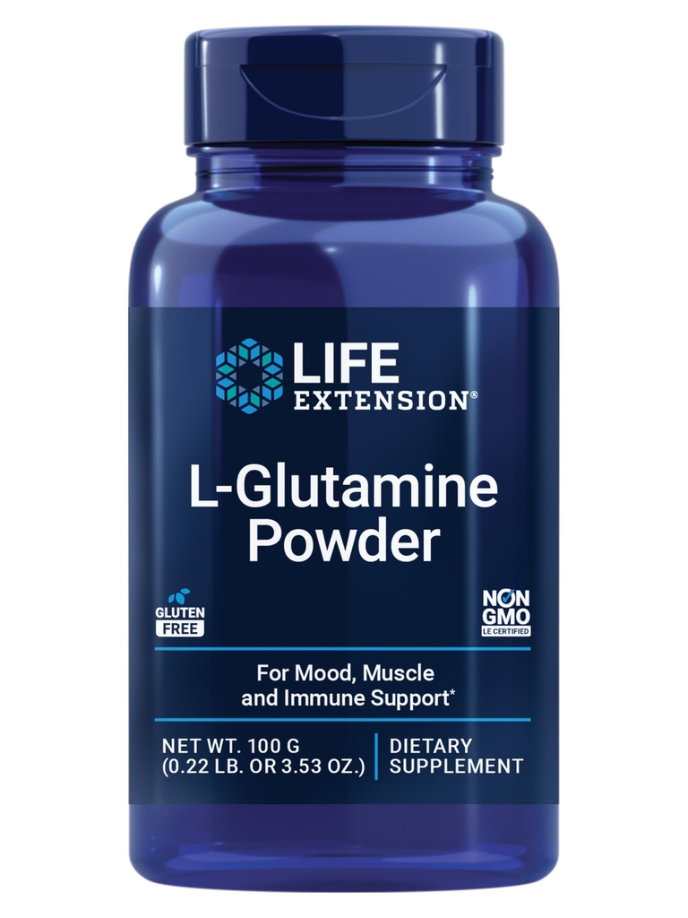 Life Extension L-Glutamine Powder, Amino Acid, Podporuje zdravie svalov a imunitného zdravia, Gluten-free, non-GMO, Vegetariánska, 100 Grams