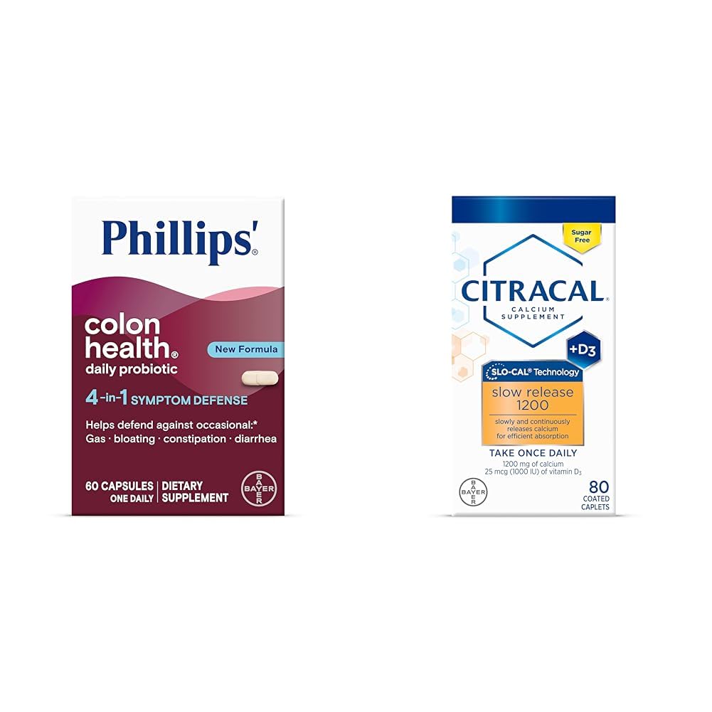 Phillips' Colon Health Daily Probiotické kapsuly, 4-in-1 Symptom Defense & Citracal Slow Release 1200, 1200 mg Citran vápenatý a uhličitan vápenatý zmes