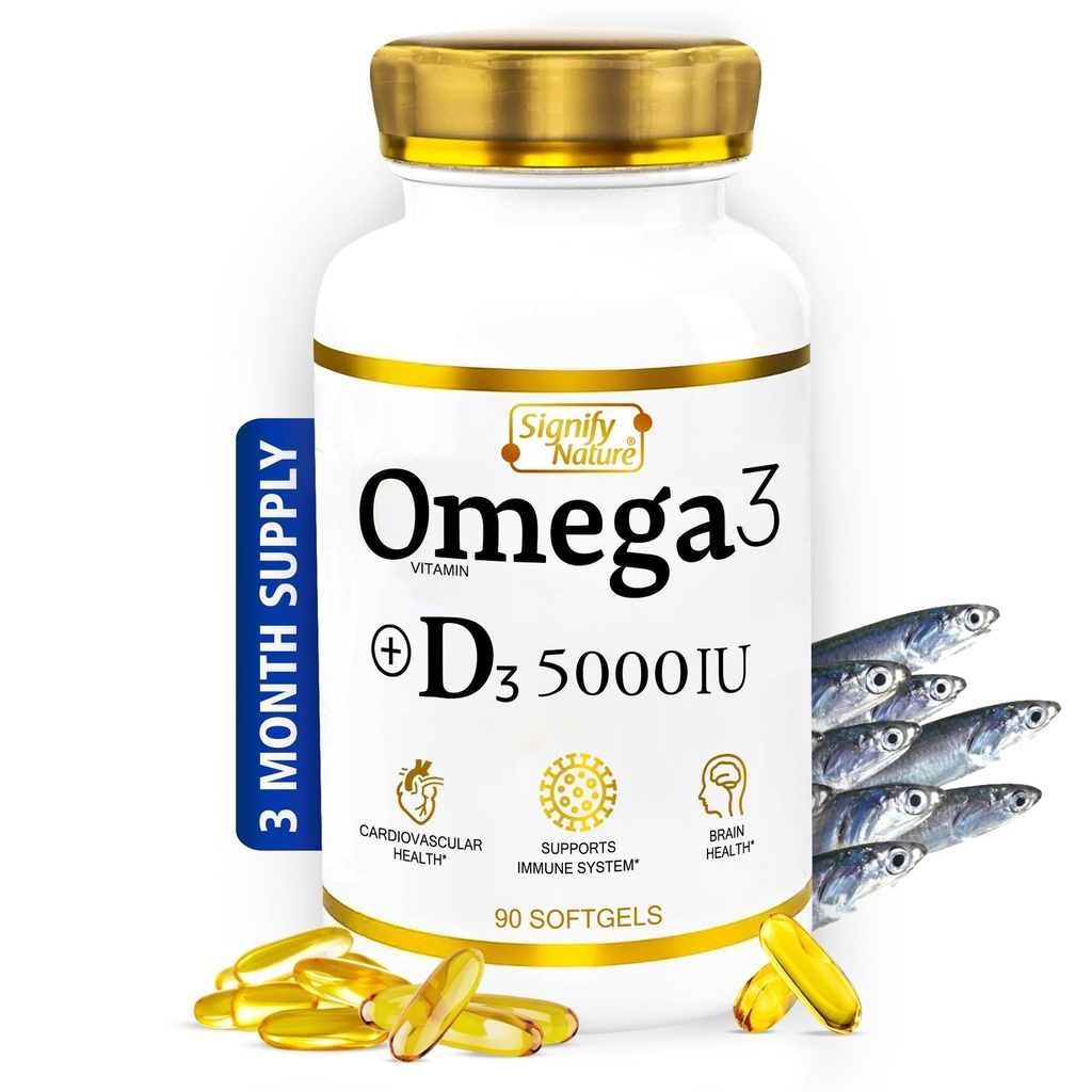 SIGIFY NATURE Omega 3 Fish Oil Supplement with Vitamin D3 5000 IU - 1000 mg Triglycerid Kapsule od Brain Health - Omega3 EPA DHA + VIT D 3-90CT