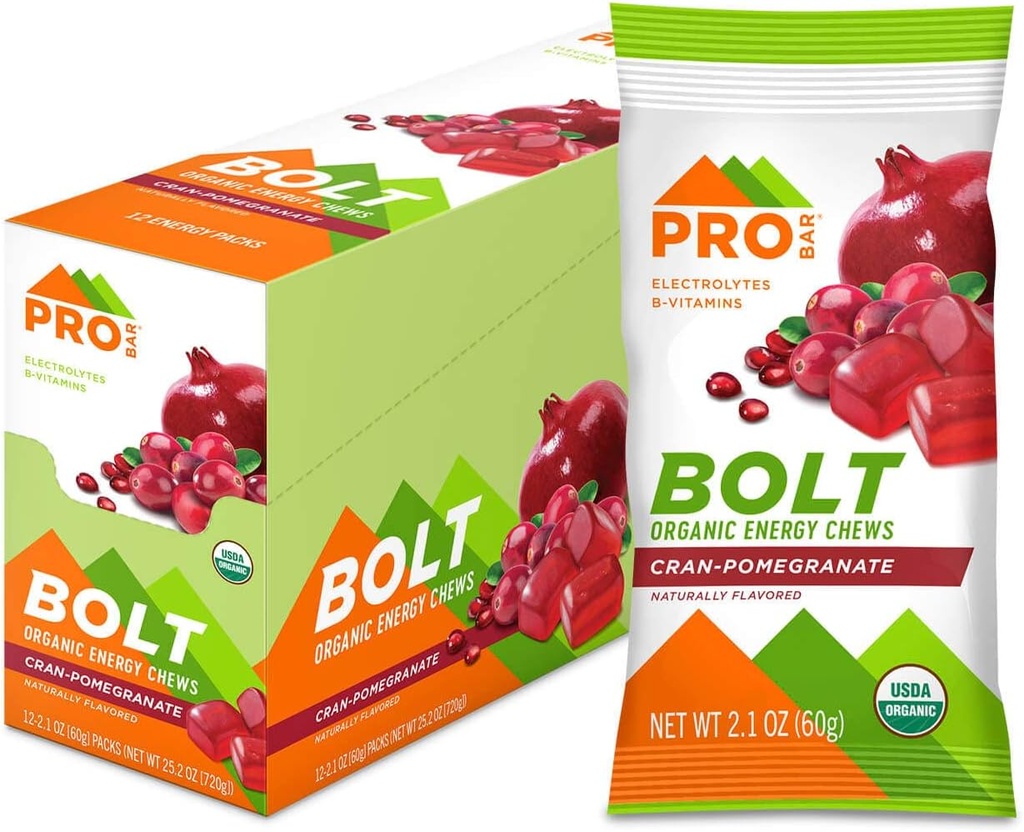 PROBAR - BOLT Organic Energy Chews, Cranberry granátové jablko, non-GMO, Gluten-free, USDA Certified Organic, Healthy, Natural Energy, Fast Fuel Gumies with Vitamíny B & C (12 Počet)