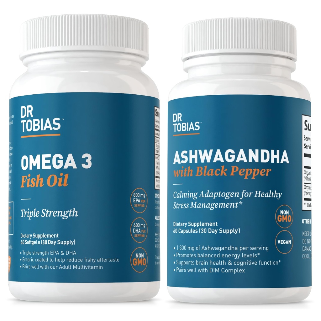 Dr. Tobias Omega 3 Rybí olej a Ashwagandha kapsule, Podpora Celková Wellness & Vyvážená energia a odolnosť, non-GMO