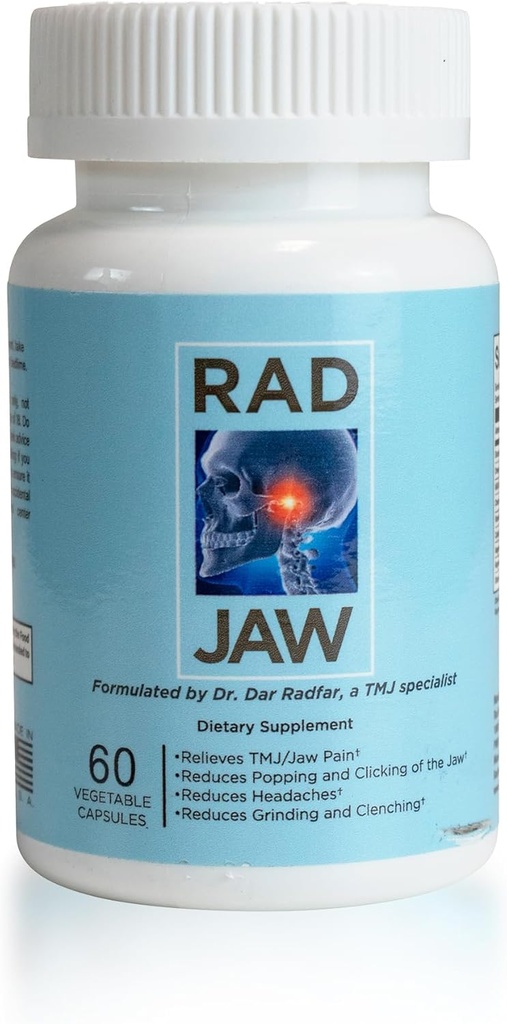 RAD JAW - TMJ doplnok pre ženy a mužov, Nutrient-Based TMJ Relief, Jaw Discomfort podpora, ciele bolesti, popping, klikanie, grilovanie, clenching (Bruxism) a ďalšie príznaky, 60 Rastlinné kapsule
