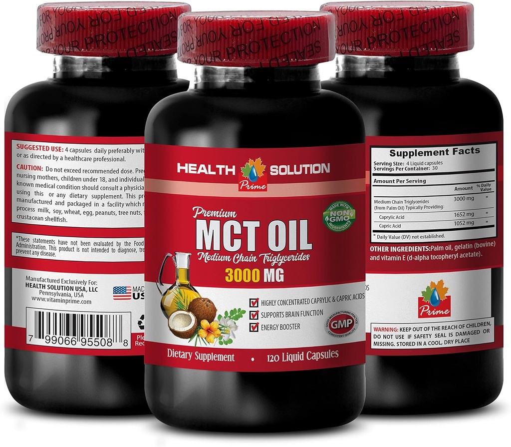 Energetická podpora Doplnky - MCT olej 3600MG, 100% Pure, Stredný reťazec triacylglyceroly - mct olej Vyrobené s kokosovým olejom, mct Olej pre pamäť, mct olej pre mozog, mct kokosový olej - 1B 120Soft
