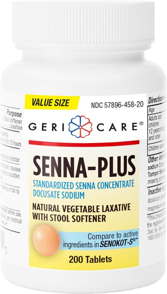 GeriCare Senna Plus Natural Laxative with Stool Solener, Docusate Sodík 50mg, Sennosids 8.6mg, 200 Tablets (Pack of 1)