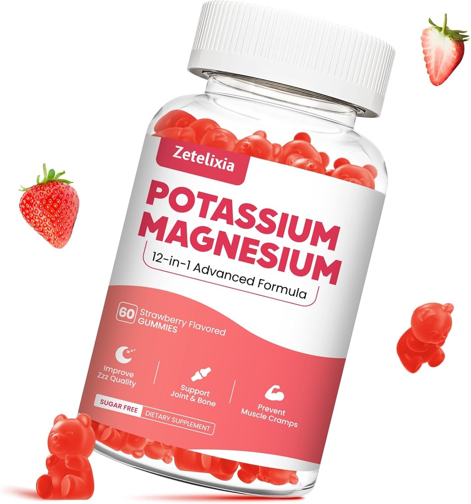 Kálium Magnézium Supplement Gumies pre dospelých Deti, Magnézium Glycinát a Draslík Citrát, Plus Multivitamín, Omega-3 & Black Pepper, Noha Cramps, zdravie svalov a srdca, 60 ct