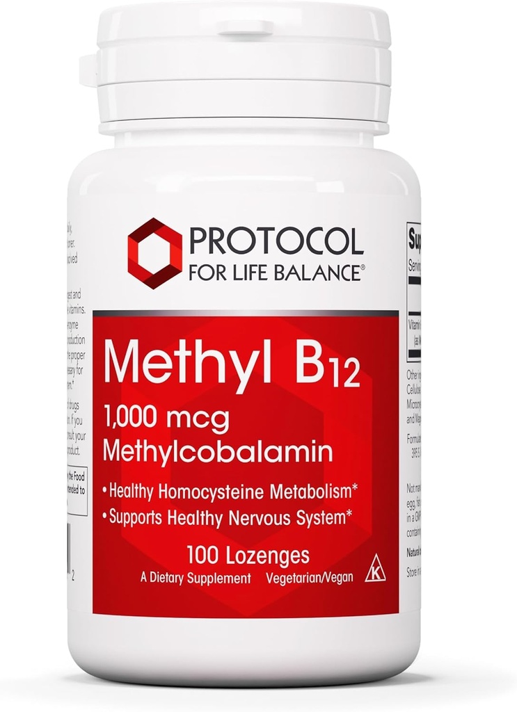 PROTOKOL PRE ŽIVOTNÉ BILANCIE Metyl B12 1000 μg - vitamín B12 pre Homocysteín Metabolizmus - podpora mozgu zdravie a zdravie Nervový systém - Košer, Halal & Vegan - 100 Lozenges
