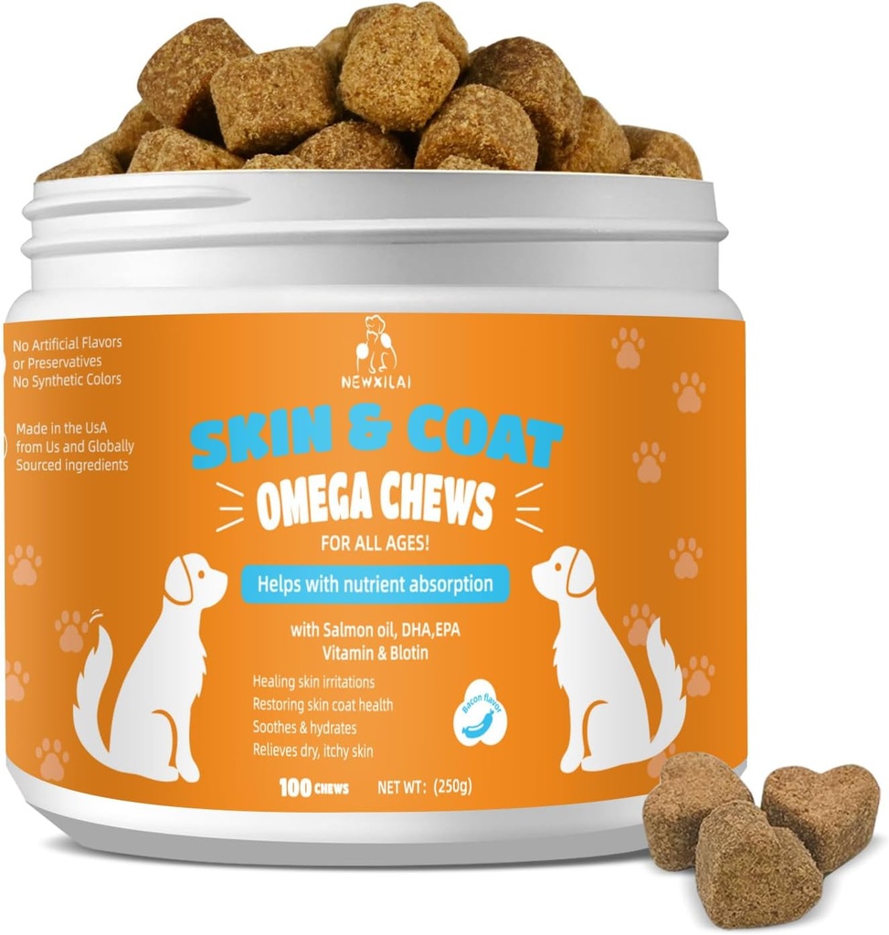 Skin and Coat Chews for Psy - Svrbiace kože pes doplnok Podpora Hot Spots Comfort a Shedding Alergie Spoločné zdravie s Omega 3 Rybí olej, EPA a DHA mastné kyseliny, Bacon Flavor 100 Počet mäkkých liečbe
