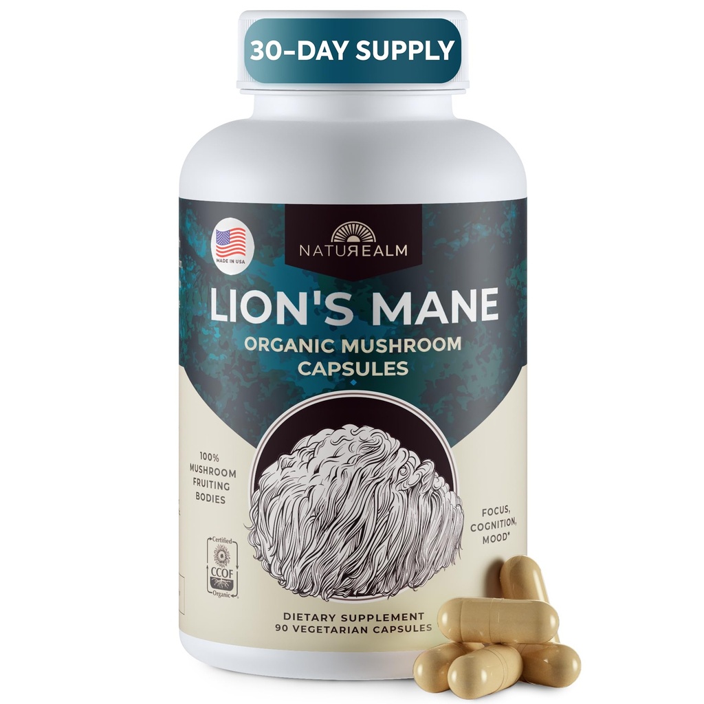 Naturealm Levy Mane Huba Supplement - Organic Brain Support for Focus Memory Mental Clarity - Non GMO Cognitive Funkcia - 90 Vegetariánske kapsule