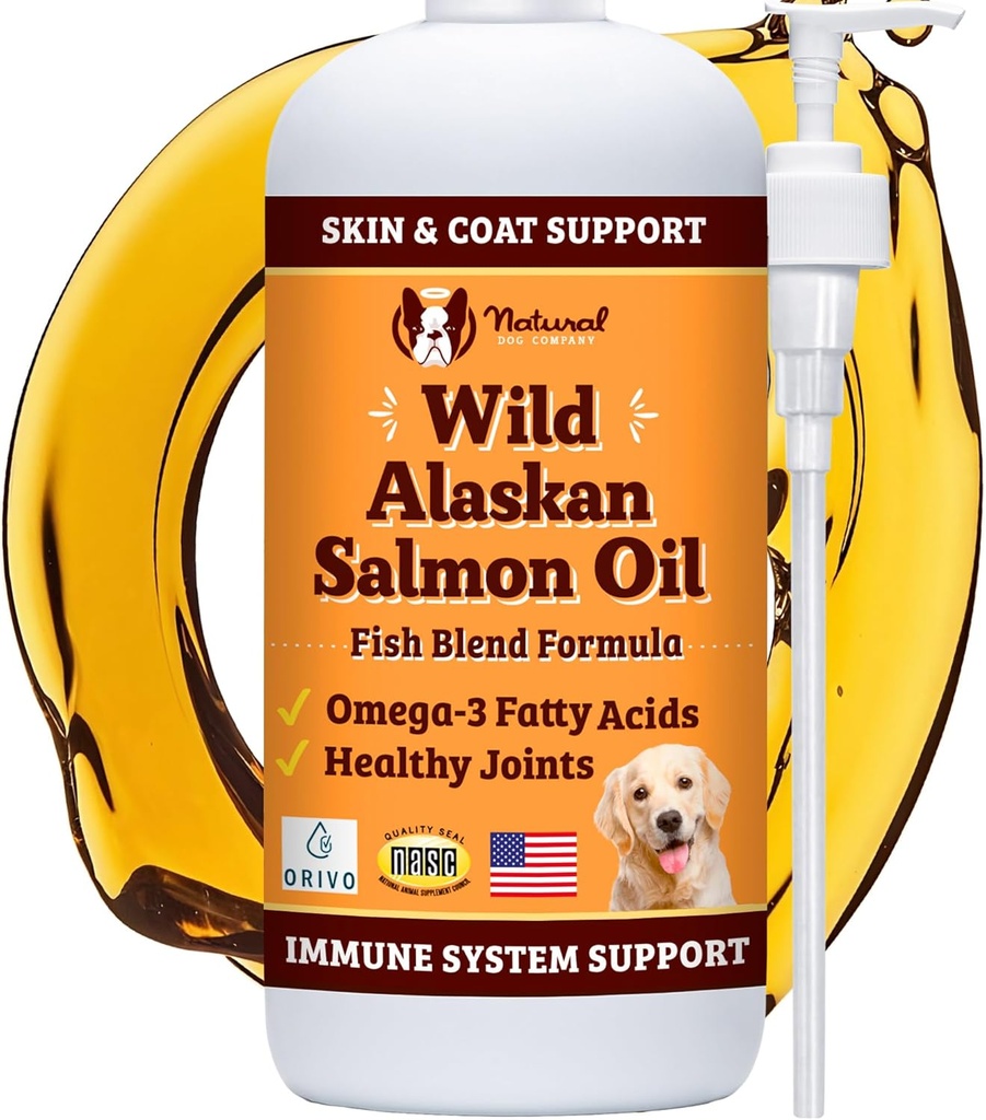 Natural Dog Company Wild Alaskan Salmon Oil Formula with Omega 3, Fish Oil for Dogs Supplement, Skin & Coat Dog Oil, Itchy Relief, Immune Support for Joints & Heart, Food Topper, 32 oz