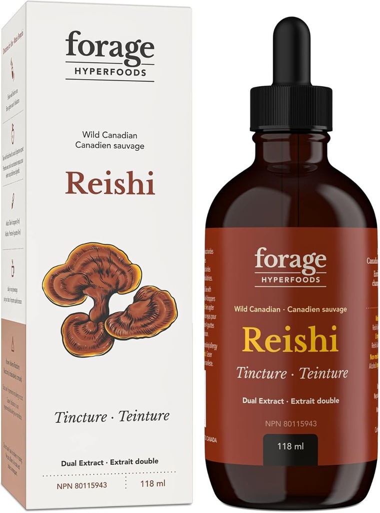 Forage Hyperfoods- Original Canadian Wild Reishi Mushroom Superfood Liquid Supplement Extract Tinture, Vegan, Non-GMO, Zlepšuje imunitný systém a stres reakcie, Prírodný pokoj, 118ML