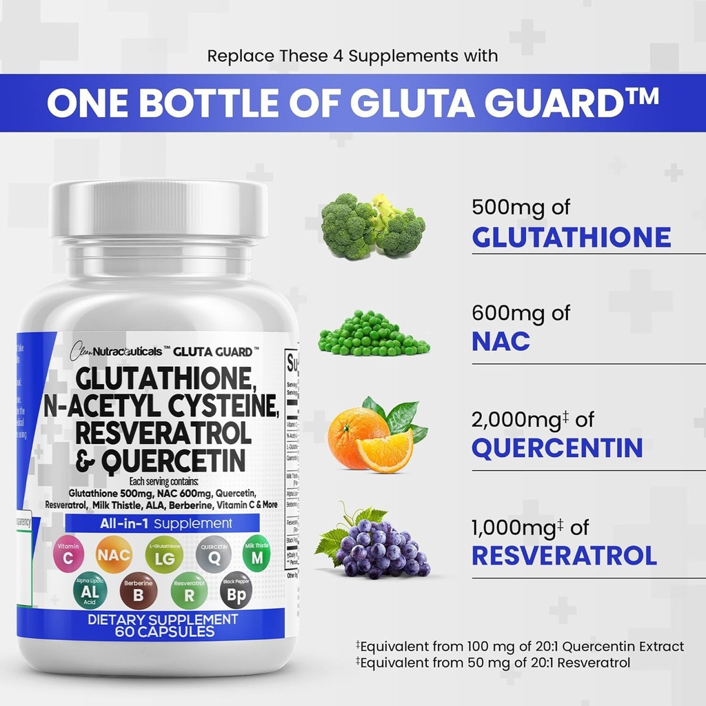 Clean Nutraceuticals Glutatión 500mg Supplement with Vitamin C N Acetyl Cysteine 600mg Berberine 1000mg Resveratrol Quercetin Alpha Lipoic Acid - Reduced L Glutatión Free Form Ženy 60 Ct USA Made