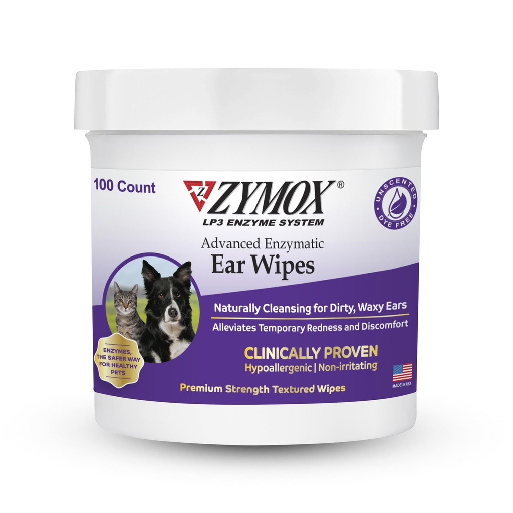 Zymox Advanced Enzymatic Ear Wipes pre psy a mačky - pre špinavé, voskovité, páchnuce uši - Premium Strength Ear Cleaner Wipes - Nedráždivé - Hypoalergenic - 100 ct