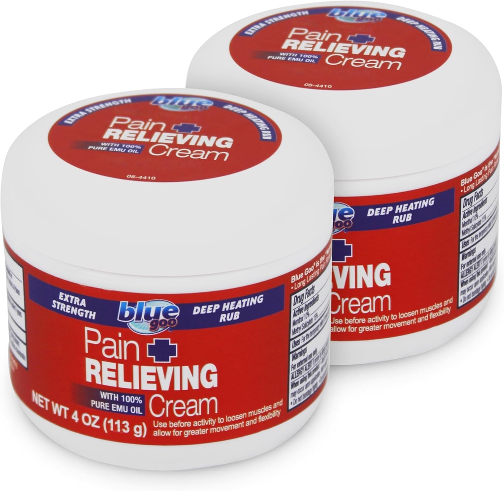 Blue Goo Maximálna sila bolesť Relieding Cream - Hlboké kúrenie Rub pre chrbát / krku, športové svalovina / joint, Sprains, Bursitis, kmene - 2 balenia 4 oz, Vyrobené s 100% Pure Emu olej