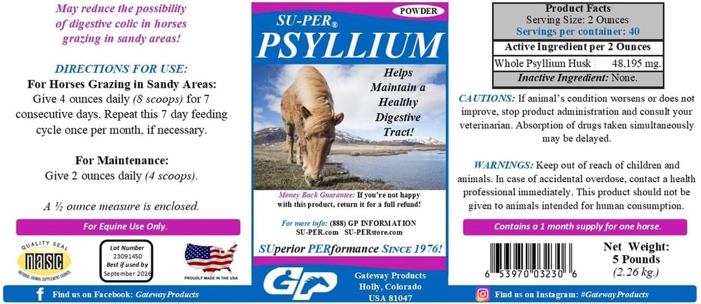 SU-PER Psyllium Horse Digestion Supplement - Udržuje zdravé trávenie Tract u koní - podporuje odstránenie piesku a štipky z sietnice Tract - 5 libier, (2 balenia)