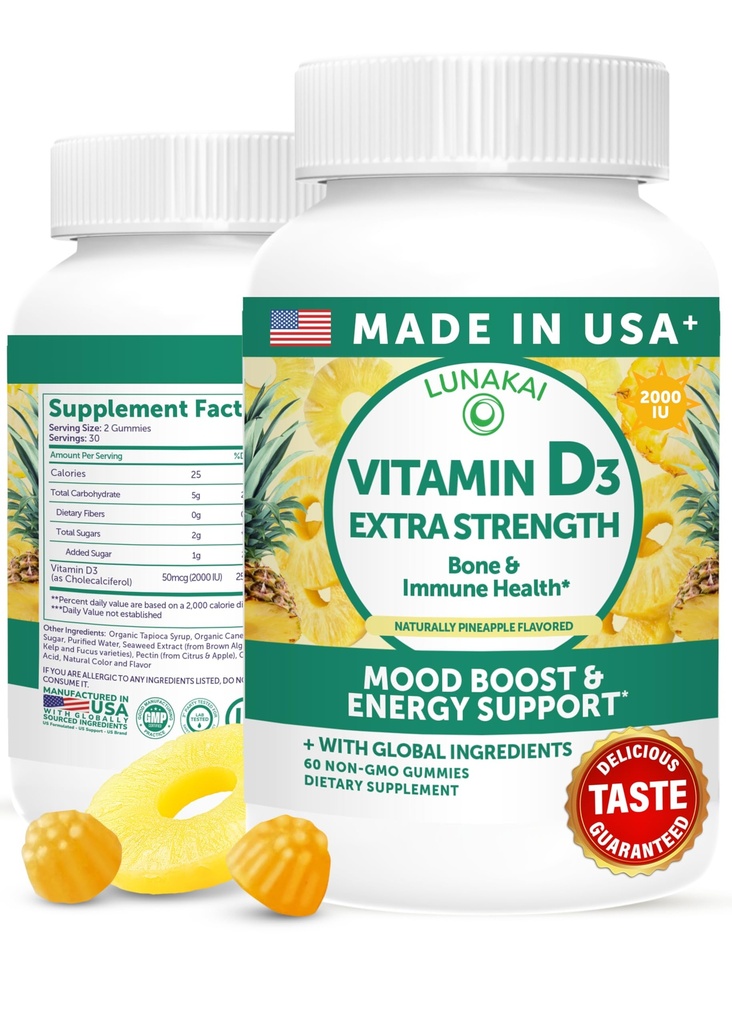 Lunakai USA Vyrobené vitamín D3 Gummies 2000 IU - Non-GMO, bezlepkové vitamín D Gumies pre ženy a mužov - Bone, Immune & Energy Support, 60ct