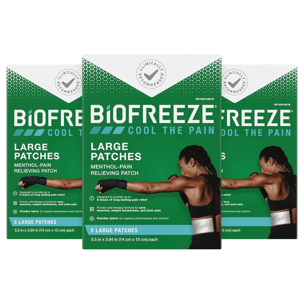 Biofreeze úľava od bolesti Patches, Artritída Bolesť Relief, Koleno & Lower Back Bolesť Relief Patch, Bolestivé uvoľnenie svalov, Úľava od bolesti krku, FSA oprávnené, 3 balenie (5 Biofreeze Menthol Patches)