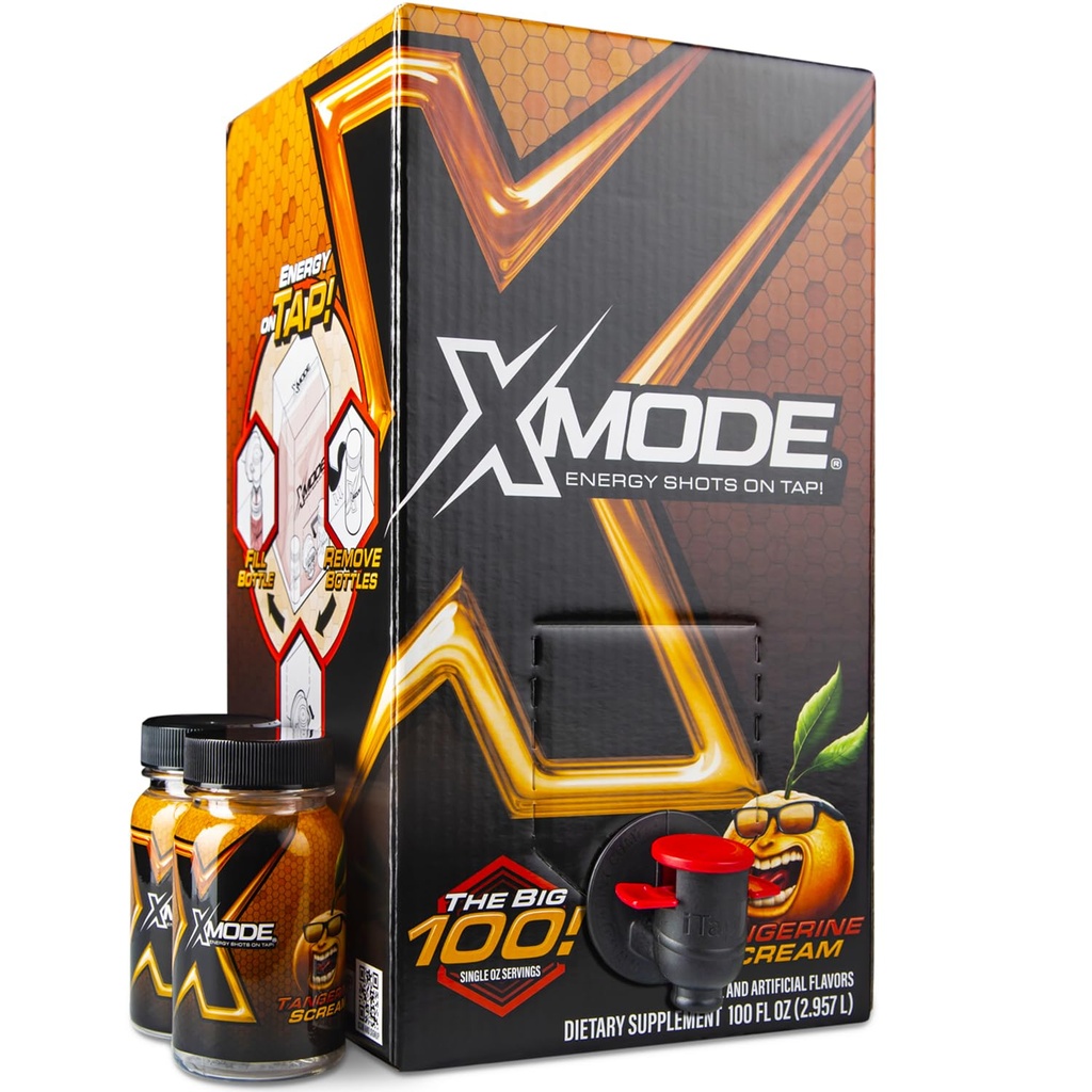 XMODE Extra sila Energetické Shoty na vodovodnom kohútiku - Tangerine Flavor, bez cukru, 150mg kofeínu na oz, B12, 100 (1oz) Servisné, Dispenzér s 2 Doplniteľné fľaše