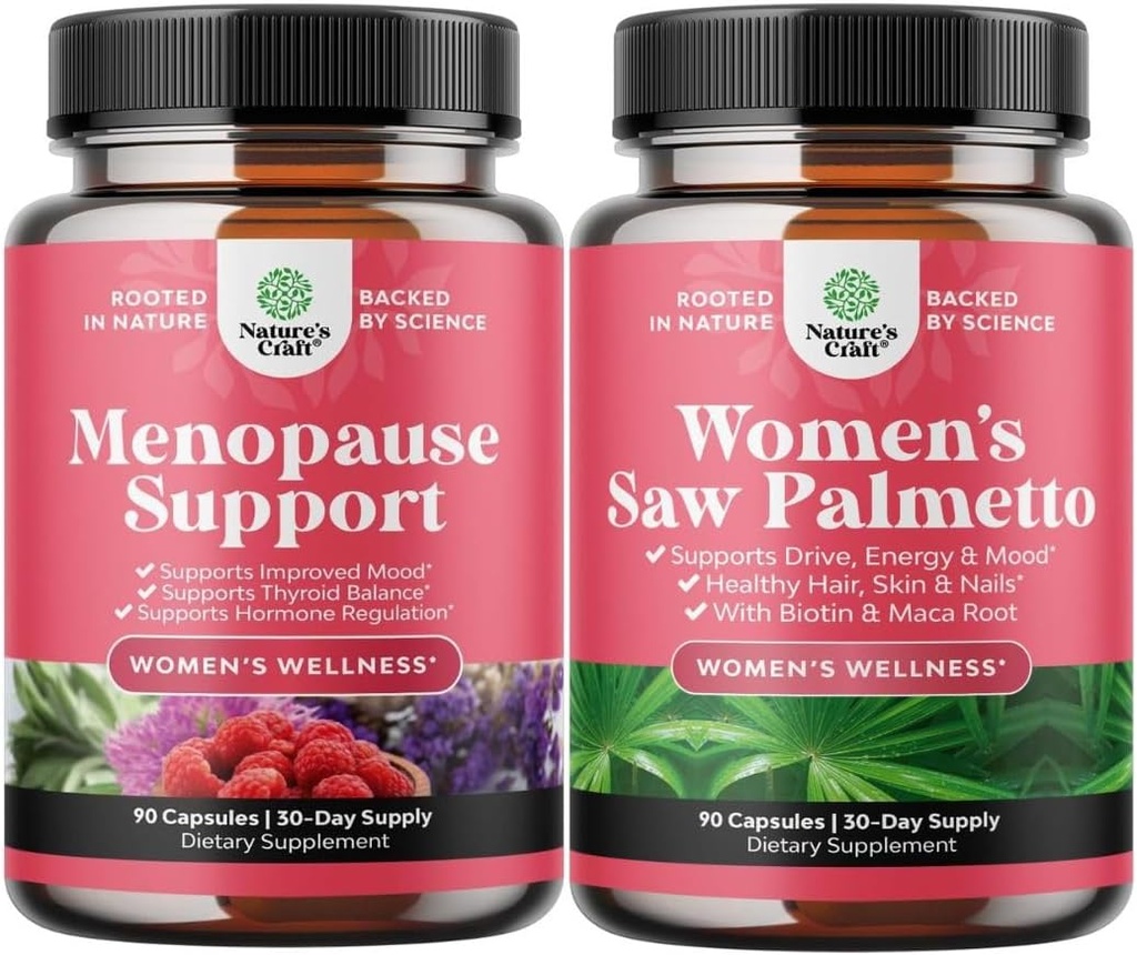 Bundle of Menopauza Supplement for Hot Flash with Dong Quai Vitex Chaste Berry & Black Cohosh & Extra Strength Saw Palmetto for Women 500mg - DHT Blocker Hair Loss Supplement with Maca Root & Biotin