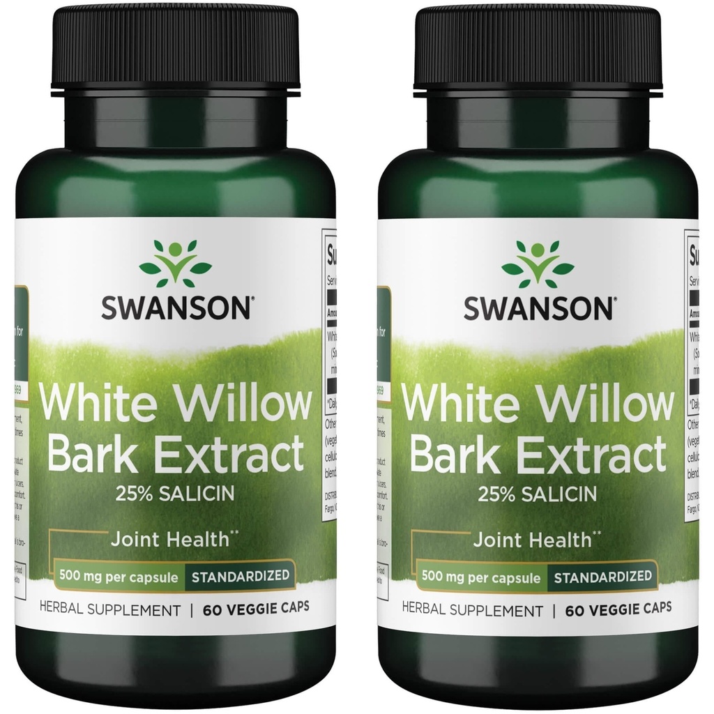 Swanson Maximálna sila White Willow Bark Extract-Promotes Joint Support & Muscle Relief-Štandardizovaný na 25% salicínu-Prírodný doplnok s bez žalúdočnej dráždivosti (60 Veggie Caps, 500mg Each) 2 Balenie