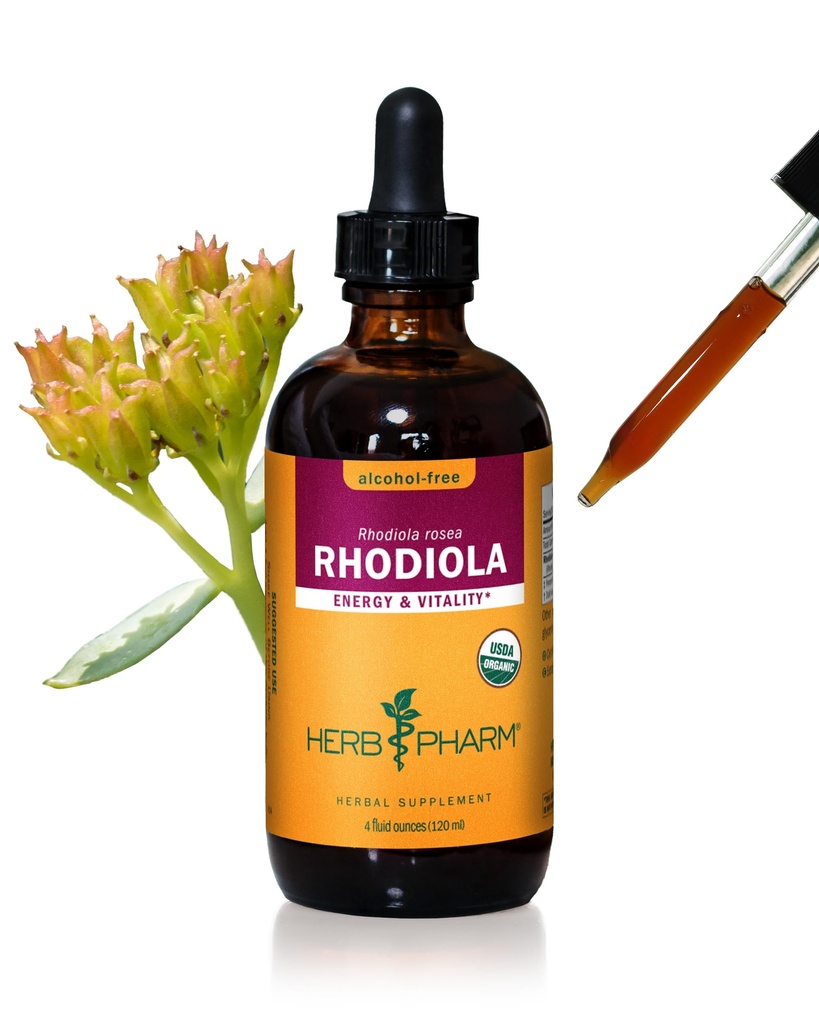 Herb Pharm Certified Organic Rhodiola Root Extract for Energy, Endurance and Stamina, Glycerit bez obsahu alkoholu, 4 Ounce