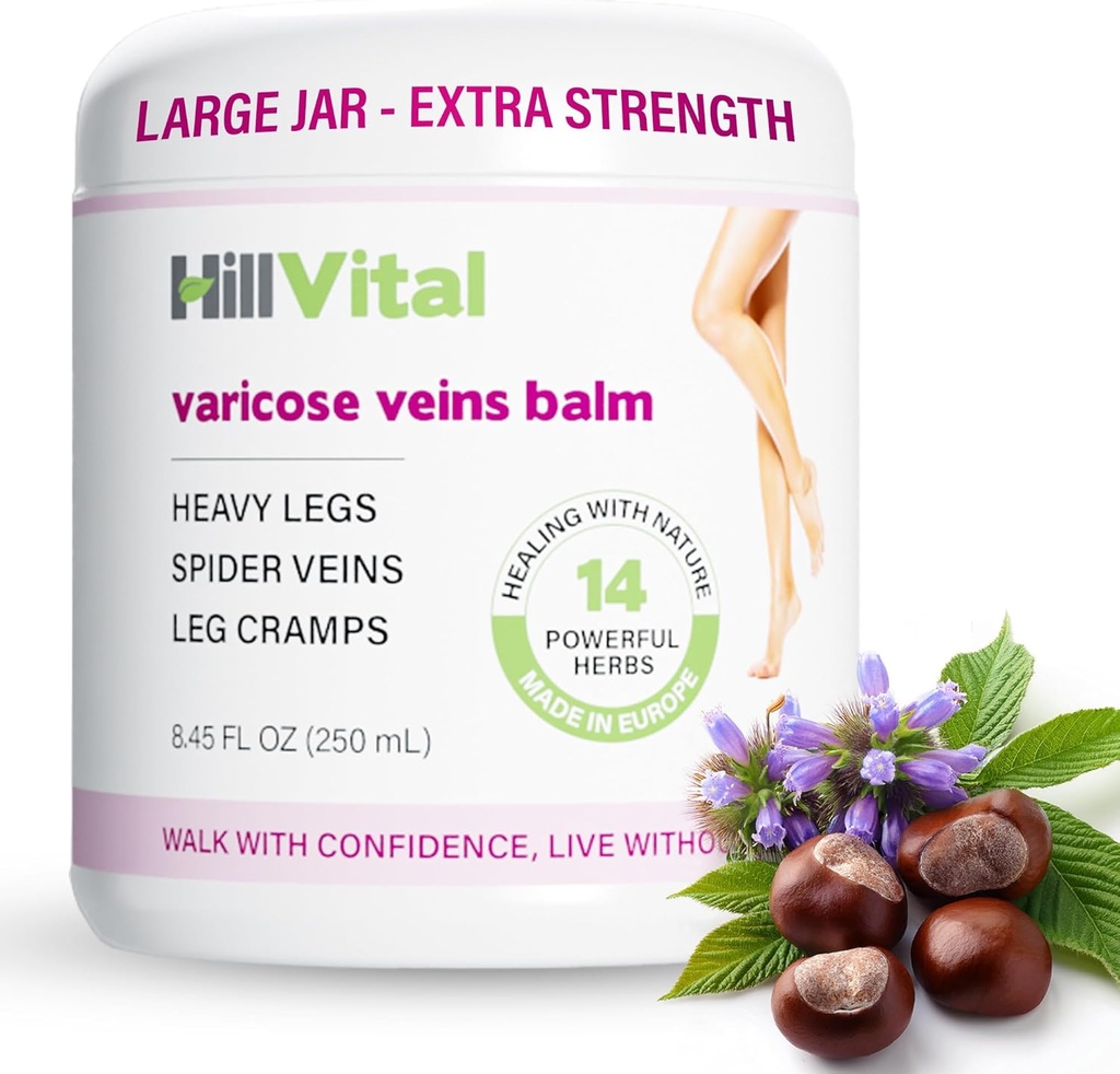 HillVital Varicose Veins Liečba nôh, prírodné Varicose Vein Cream a Spider Vein liečba pre nohy a iné časti tela, Premium Horse Chestnut Cream pre napumpované žĺtky, Infundované 14 bylín
