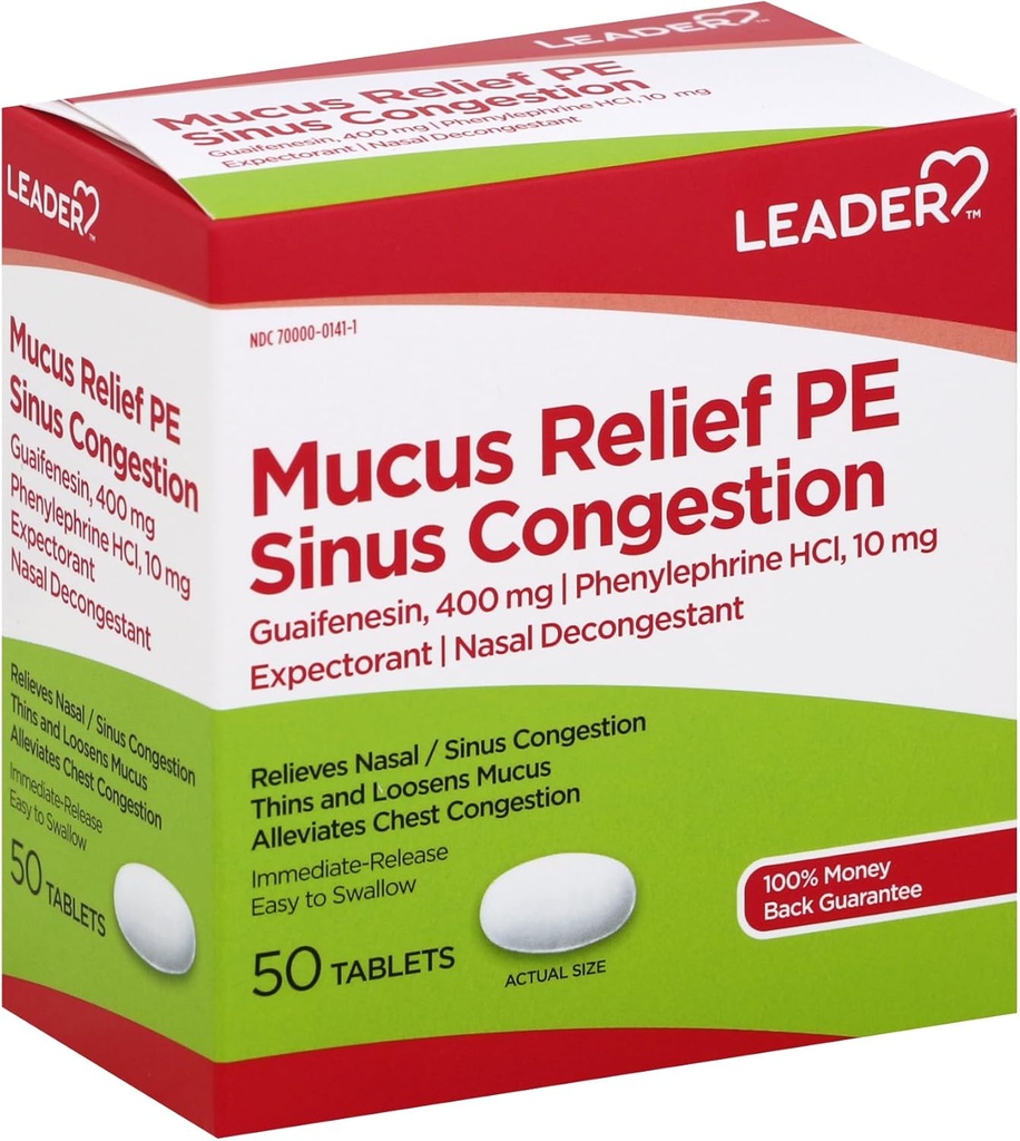 Leader Mucus Relief PE Sinus Congestion, Expectorant; Nasal Decongestant, Tenký a Loosens Musus, Okamžitá release, Alleviates Chest Congestion, 50 Tablets