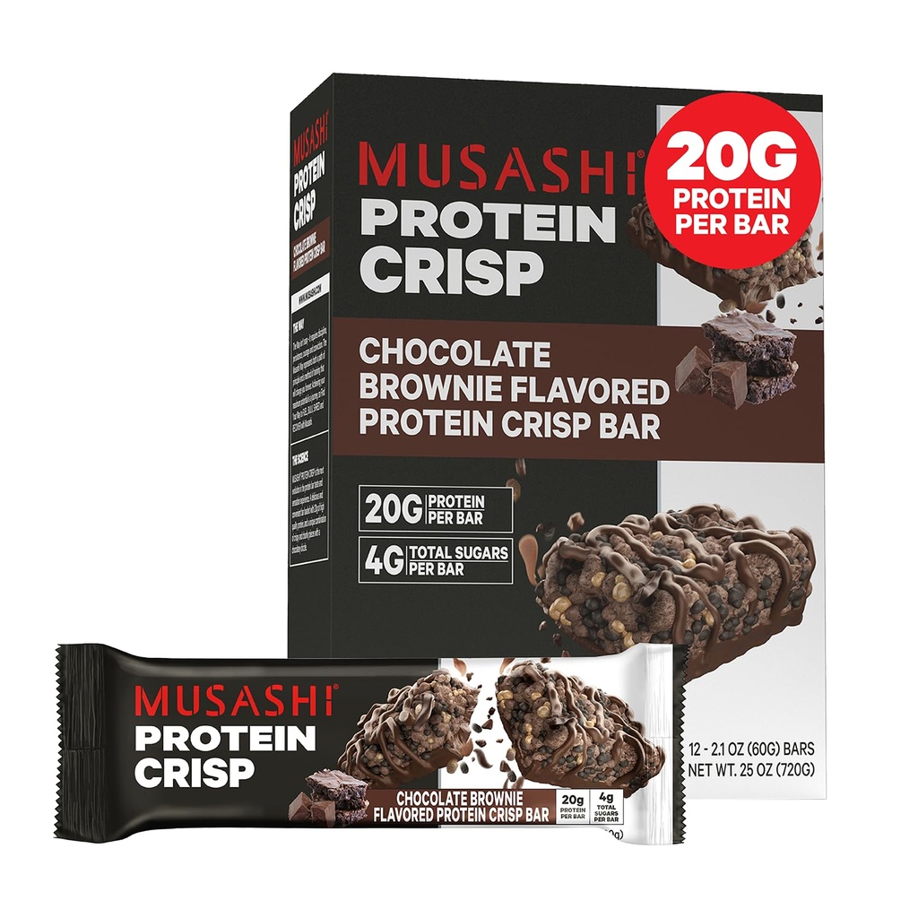 MUSASHI Protein Crisp Bar, 20g Protein, 4g Total Sugars, Čokoláda Brownie, Post Workout a Snack On The Go, 12 Balíčky 2,1oz (60g) Bary
