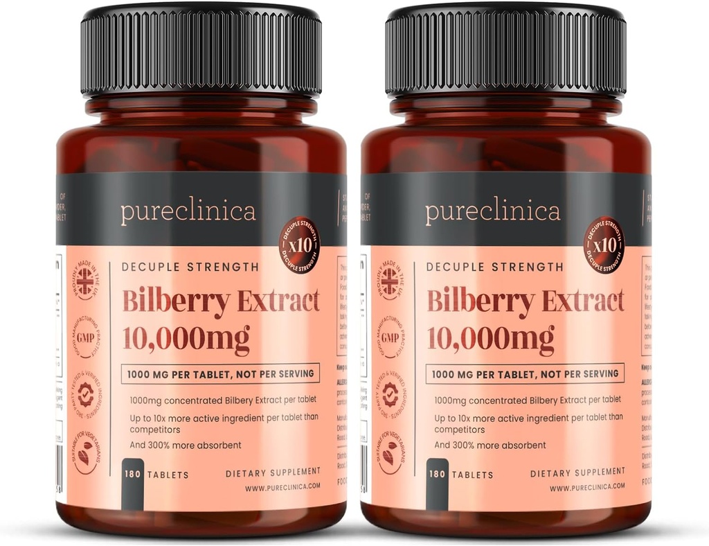 pyreclinica čučoriedkový extrakt 10 000 mg x 360 tabliet (2 fľaše) - 10 x viac antokyanidínov na tabletu ako väčšina iných - a 5 mg extraktu z čierneho korenia na 300% zvýšená absorpcia