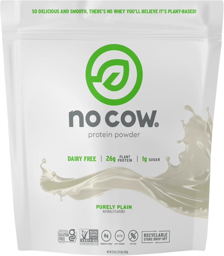 No Cow Vegan Protein Powder, Purely Plain, 26g Plant Based Protein, Recyclable Bag, Dairy Free, Soy Free, No Sugar Pridané, Keto Friendly, Gluten Free, Prirodzene Sweeted, Non GMO, Kosher, 1,74 libra