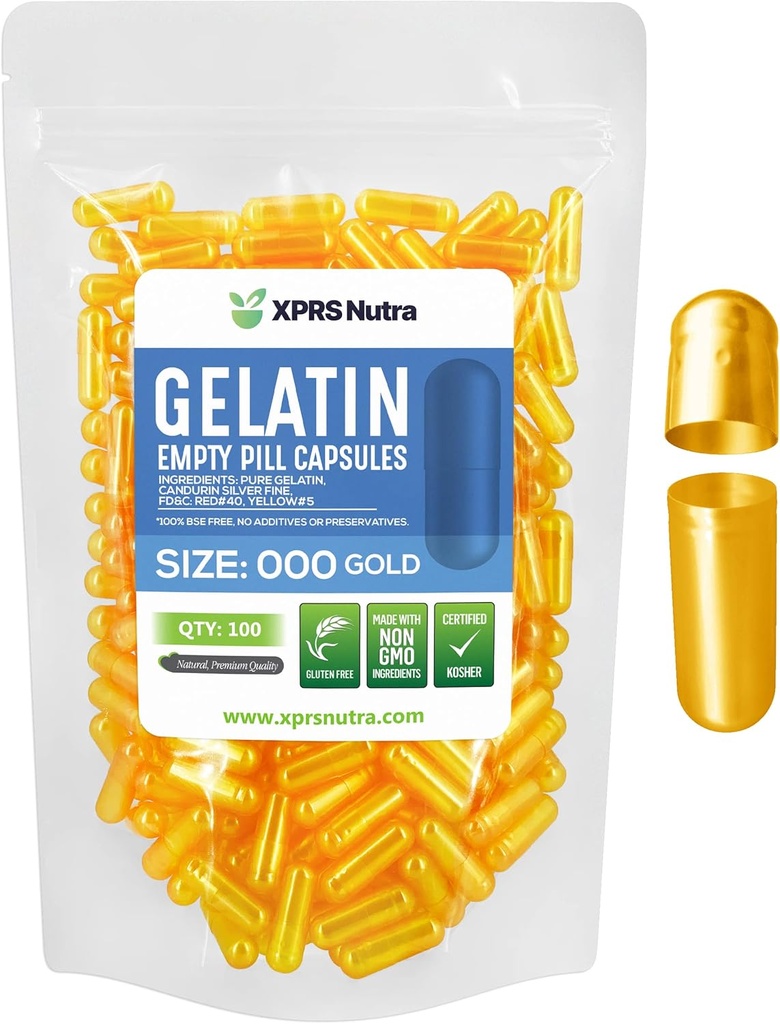 XPRS Nutra Size 000 Empty Capsules - 100 Count Large Empty Gelatin Capsules - DIY Supplement Pill Filling - Fillable Color Gel Caps Pills for Do-It-Yourself Supplements (Gold)
