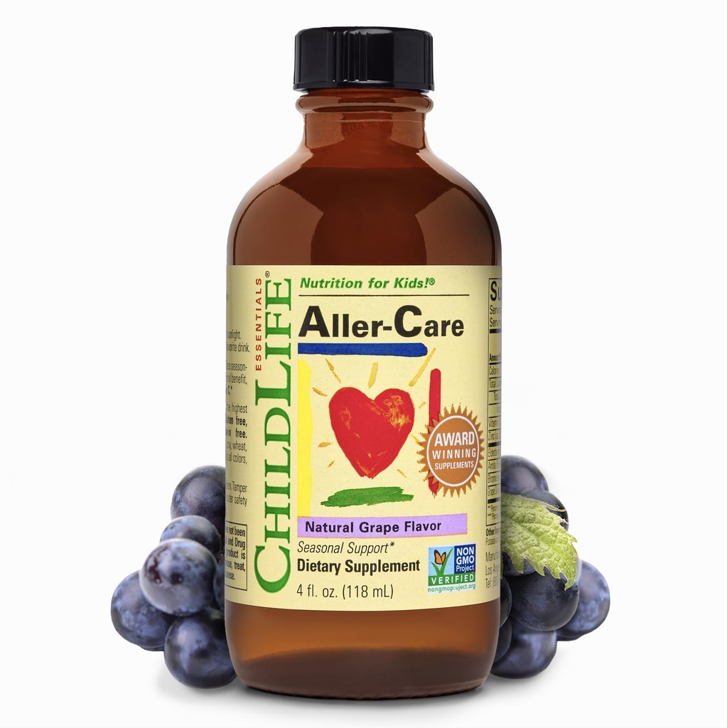 CHILDLIFE ESSIENTS Aller-Care - Prírodné Grape Relief pre deti a batoľatá, Sezónna podpora s bazami, Hypromín, Vitamín C - Immune Posilnenie Formula, 4 Fl Oz