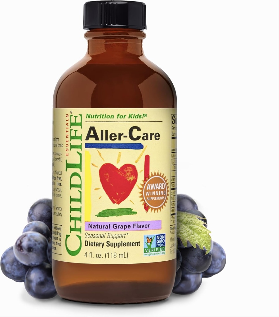 CHILDLIFE ESSIENTS Aller-Care - Prírodné Grape Relief pre deti a batoľatá, Sezónna podpora s bazami, Hypromín, Vitamín C - Immune Posilnenie Formula, 4 Fl Oz