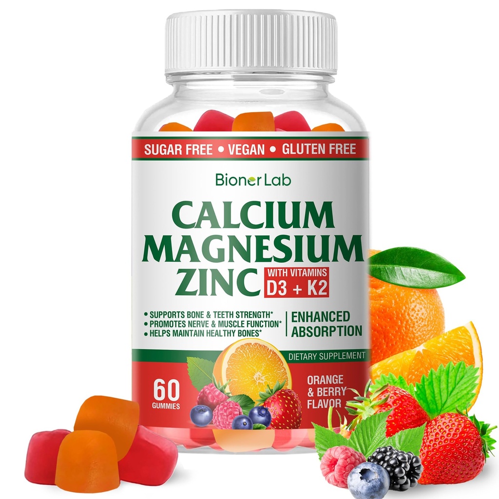 BionerLab Calcium Magnézium Zinok Gumies s vitamínom D3 & K2 - Vysoká potencia zvýšená absorpcia - Orange a Berry Ochutené