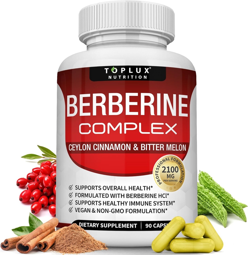 Toplux Berberine so škoricou a horkým Melonom 2100mg - Vysoká čistota 97% HCL Berberine Supplement, podporuje celkový zdravotný a imunitný systém, non-GMO Vegan 90 Kapsule