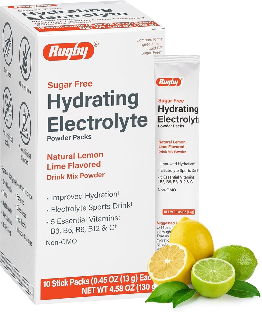 Rugby Powder Púdrové balenia bez hydratácie cukru - Púdrové balíčky nápojovej zmesi s 5 vitamínmi - zlepšenie hydratácie - prírodná citrónová lime aróma - 10 púdrových balení - 0,45 Oz Každý (1 balenie)