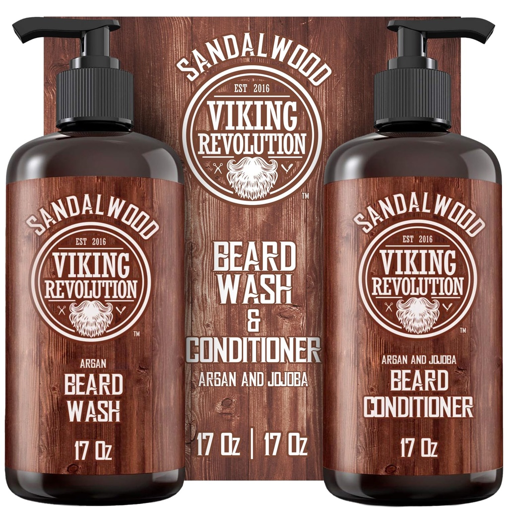 Viking Revolution Beard Wash & Beard Conditioner Set s Argan & Jojobové oleje - Zmäkčuje a posilňuje - Prírodné Sandalwood vôňa - Brada šampón s medvedím olejom (17 oz)